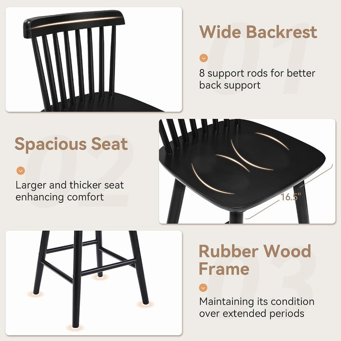 Upgraded Windsor Wooden Black Bar Stools Set of 4, 24 Inch Counter Height Barstools with Spindle Back/Bigger Seat for Kitchen Island