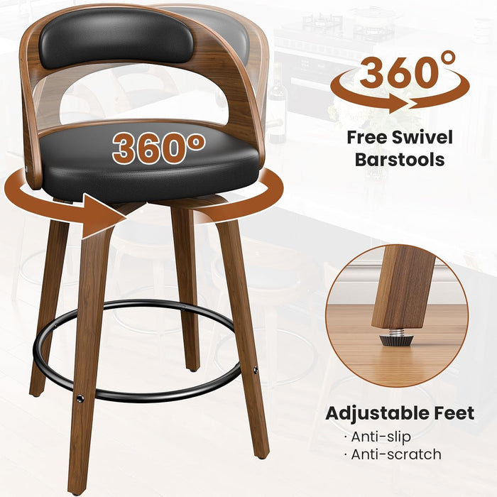 Swivel Bar Stools Set of 2, 26" Counter Height Bentwood Barstool | Mid-Century Modern PU Leather Upholstered Bar Chair with Back and Footrest, for Kitchen Island, Bar, Dining Room, Cafe, Black