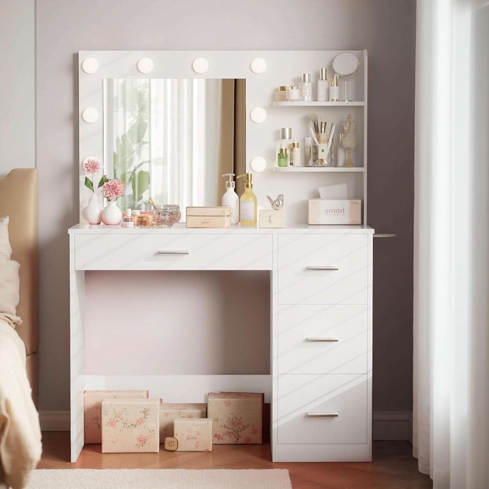 Vanity Desk with LED Lighted Mirror&Power Outlet, Makeup Vanity Table with 4 Drawers, 3 Open Storage Shelves, and 3 Color Modes, for Bedroom (Pure White)