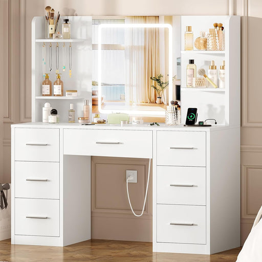 White Vanity Desk With Illuminated Mirror PowerOutlet
