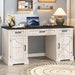 55.1" Modern Farmhouse Executive Desk with Built-In Charging Station, Home Office Computer Desk with 3 Drawers, 2 Adjustable Cabinets, Large Storage Writing Workstation for Working, White
