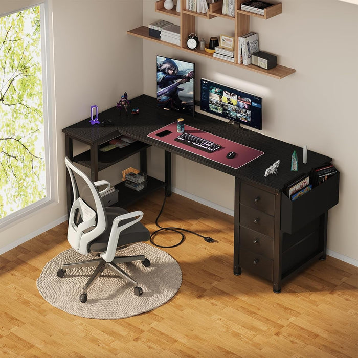 L Shaped Gaming Desk with Drawers & Storage Shelves, 55 Inch Corner Computer Desk with Power Outlet for Home Office Bedroom, L-Shaped Teen PC Desks with Fabric Drawer, Black