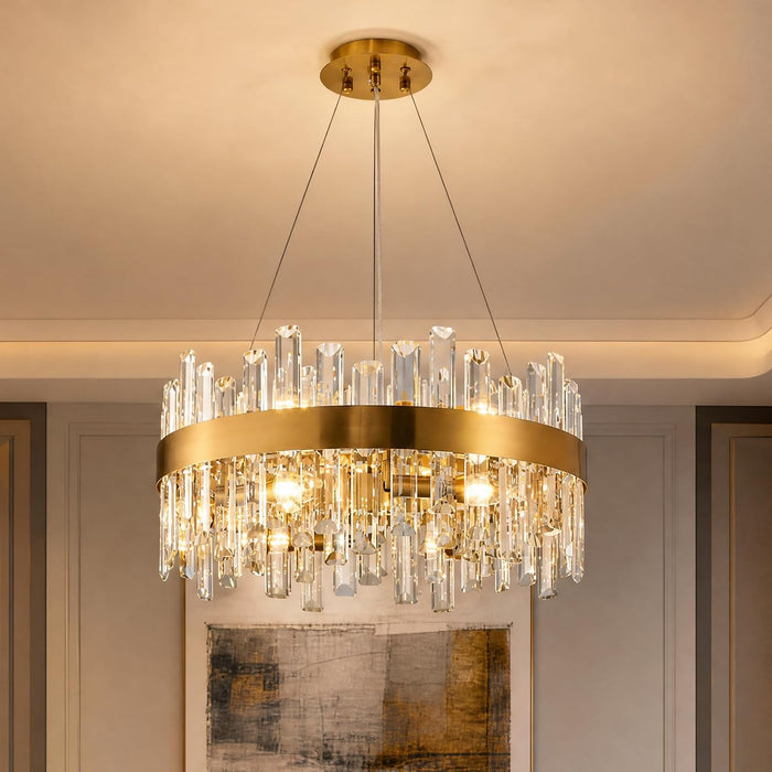 Modern Crystal Chandelier, 12-Light Brass Gold K9 Crystal Raindrop Chandelier, Adjustable Height Lighting Fixture for Living Room Dining Room Bedroom Kitchen Island Entry Foyer D19.7 Inch
