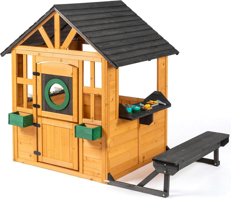 Kids Outdoor Playhouse with Dog Door, Wooden Toddler outside Play Kitchen W/Picnic Bench, Flower Pot, Cookware & Windows for Garden, Backyard, Indoor Playroom, Ages 3-8 (Natural)