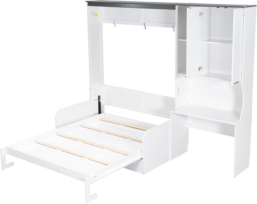 Queen Murphy Bed With Sofa Desk Storage WhiteGlossFinish