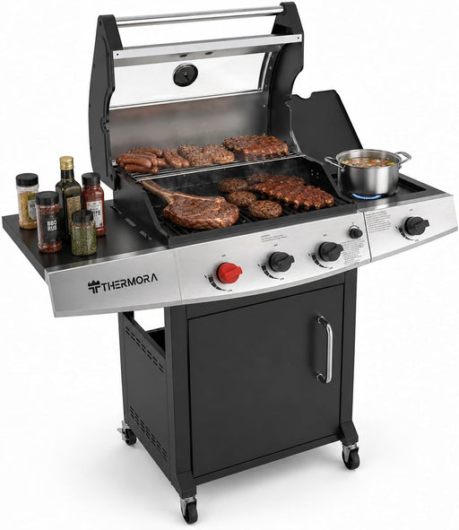 4 Burners Propane Gas Outdoor Grill 50,000 BTU, 553 Sq.In, Searing Burner, Side Burner, Porcelain-Enameled Grates BBQ Grill, Stainless Steel Propane Grill, Patio Garden Family Party Barbecues