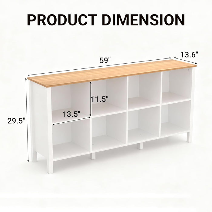 8-Cube Bookcase, Farmhouse Wooden Bookshelf Low Storage Organizer, 59" Horizontal White Console with Legs, Hallway Book Case for Entryway, Display Cabinet for Living Room (White, 8-Cube)