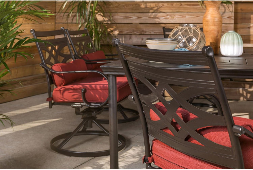 Montclair 7-Piece Outdoor Dining Set with 6 Swivel Rockers, Chili Red Cushions and Stamped Steel Rectangular Dining Table, Patio Dining Set for 6, Premium All-Weather Patio Furniture for Deck