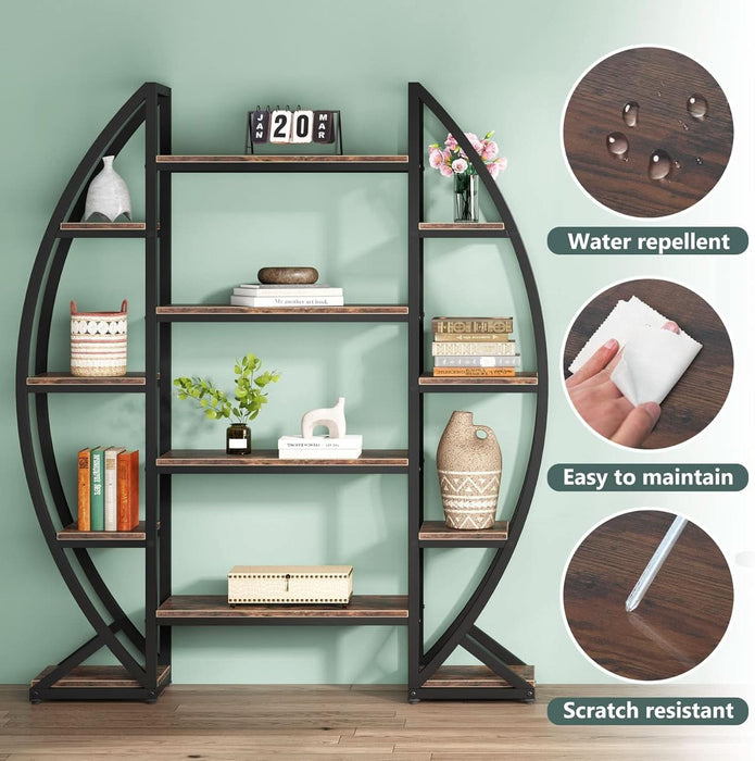 Oval Bookshelf, Triple Wide 5 Tier Etagere Bookcase, Industrial Display Shelves for Living Room (Brown, 55")
