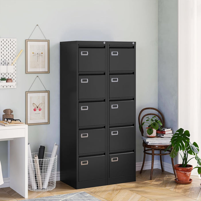 5 Drawer File Cabinet, Black Vertical Filing Cabinets with Lock, Home Office File Folders Storage Cabinet for Letter Legal File Size.