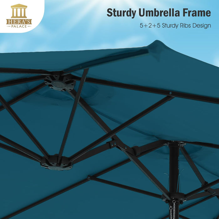 15Ft Patio Umbrella, Base Included, Rectangular, Cerulean | Outdoor, Table, Large, 15, Rectangle, Double, Pool, Stand, Clearance, Outside, Triple, Shade, Sun