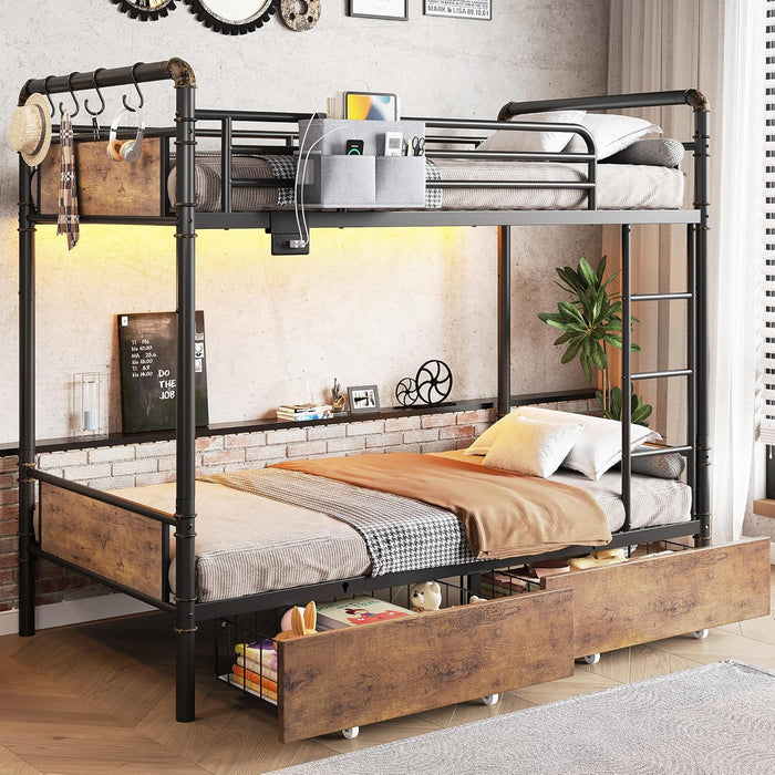 Metal LED Bunk Bed Twin over Twin with 2 Storage Drawers, USB Charging Station, Industrial Bunkbeds Heavy Duty Bed with Safety Guardrail and Ladder, No Box Spring Needed, Vintage Brown