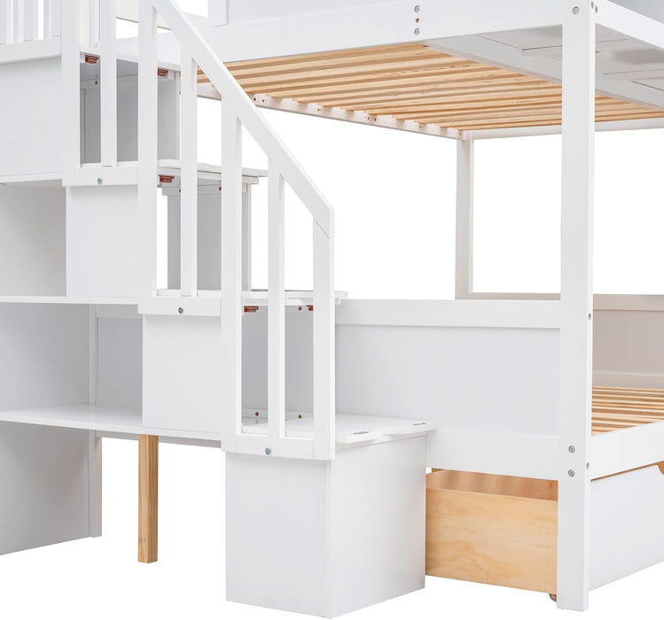 Twin over Full Bunk Bed with Storage Shelves, Stairs, Solid Wood Staiway Bunk Bed Frame with 2 Drawers, for Kids Teens Adults (White)