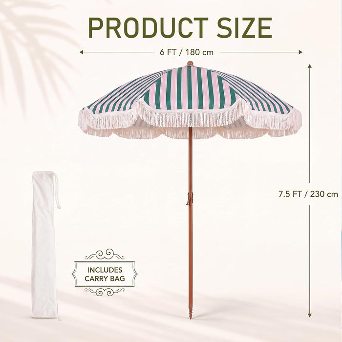 Fringe Patio Umbrella with Solar Powered String Lights, Boho Patio Umbrella for Outdoor, Garden, Deck, Pool, Push Button Tilt Pole