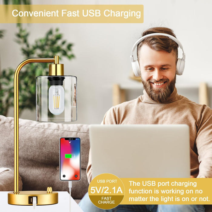Set of 2 Industrial Table Lamps with 2 USB Port, Gold Fully Stepless Dimmable Bedside Lamps for Bedrooms, Nightstand Desk Lamps with Clear Glass Shade for Reading Living Room Office 2 LED Bulb