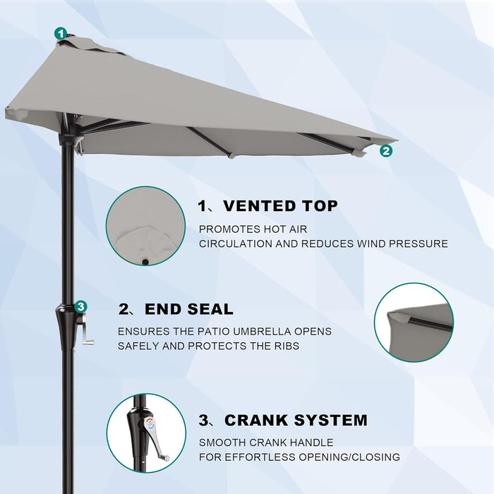 9FT Half Patio Umbrella, Outdoor Wall Umbrella with Crank & 5 Sturdy Ribs, Table 1/2 Umbrella Patio for Garden, Deck, Balcony and Pool, Foggy Gray