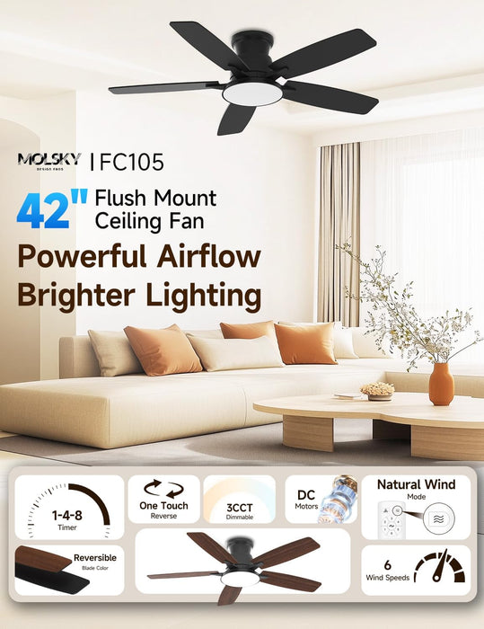 Flush Mount Ceiling Fan with Light, 42 Inch, Remote Control, 3CCT Dimmable LED, 6-Speed Silent Reversible DC Motor, Low Profile Hugger Ceiling Fan for Indoor/Outdoor 90-264V 50/60Hz Matte Black
