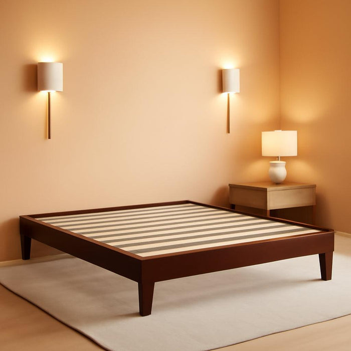 Queen Bed Frame Natural Solid Wood Platform Bed with Wooden Slats Support, 7.3-Inch Underbed Space for Storage, Noise-Free Design, Easy Assembly, Dark Walnut Finish