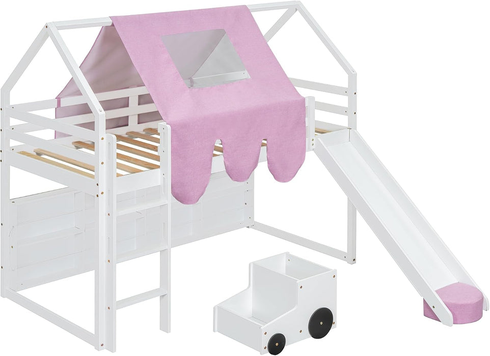 Twin Size Loft Bed With Slide PlayhouseCastleFortress