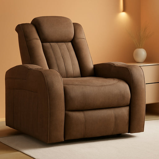 Wolfridge Contemporary Faux Leather Upholstered Power Recliner with Adjustable Headrest, USB Ports and 2 Cup Holders, Dark Brown