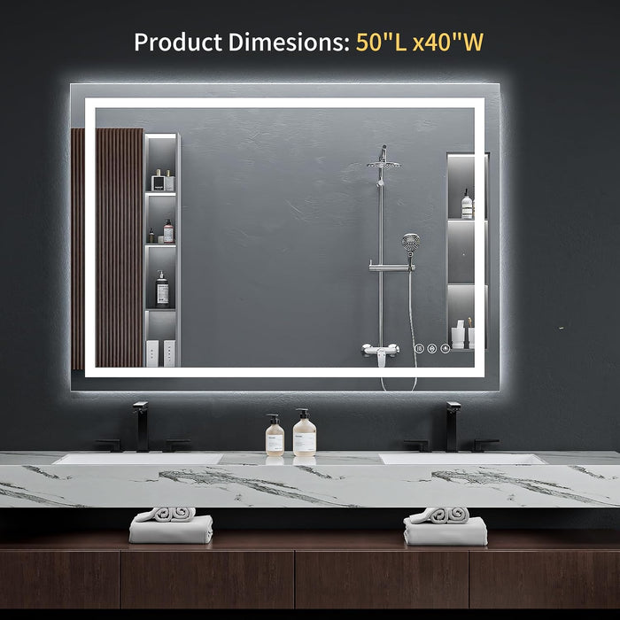50"X40" LED Bathroom Mirror with Lights, Anti-Fog, Backlit+Frontlit