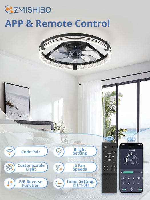 Low Profile Ceiling Fans with Lights, Flush Mount Modern Ceiling Fan and Remote Control, 20" LED Ceiling Fans, Stepless Dimmable 3 Colors and 6 Speeds (Black, 20")
