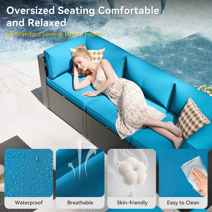 Patio Furniture Set, 7 Piece Outdoor Sectional Sofas with Waterproof Cover, Wicker Rattan Outdoor Furniture Patio Conversation Set for Backyard, Garden Peacock Blue