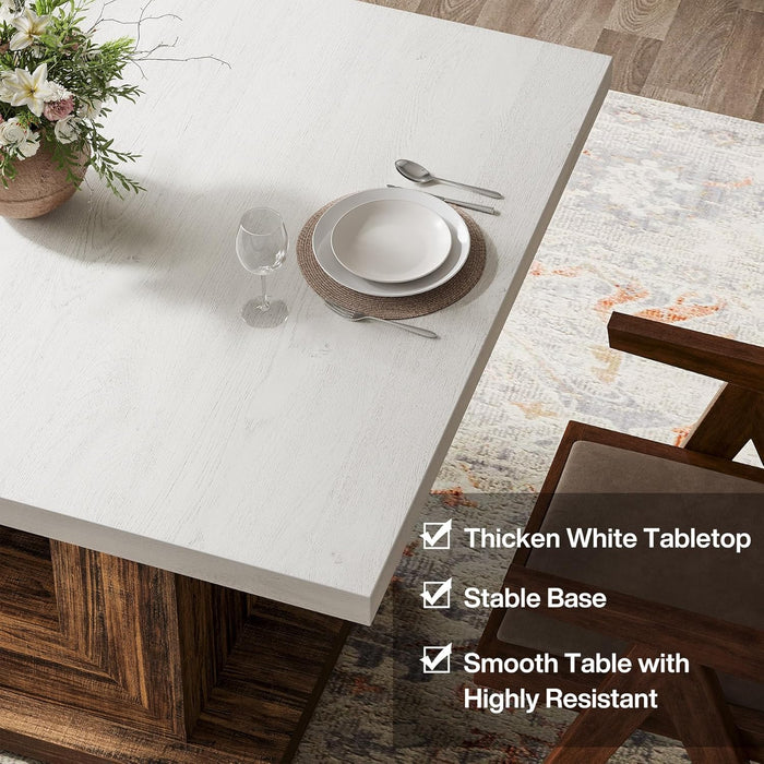 47-Inch Farmhouse Dining Table for 4, White Kitchen Dinner Table with Heavy Duty Pedestal, Rustic Wooden Eating Table for Home, Dining Room, Small Space, White & Brown