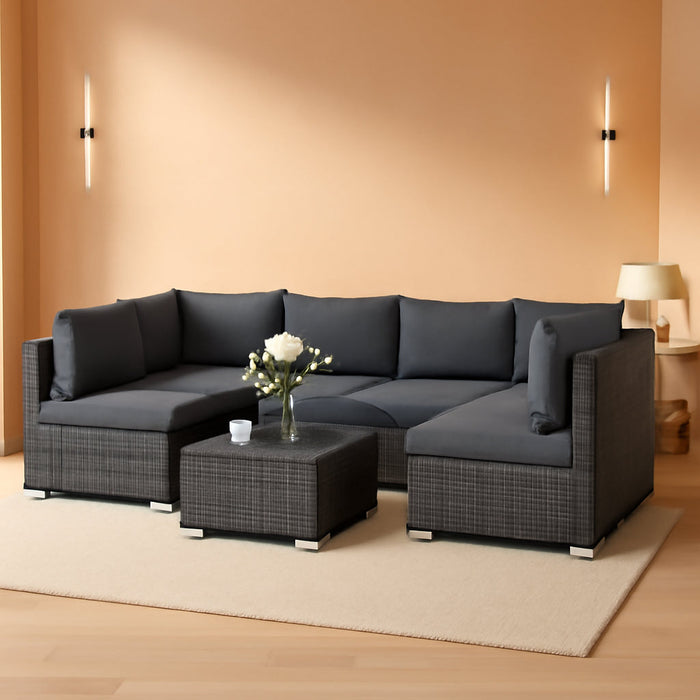 7 Piece Outdoor Patio Furniture Set, All Weather Wicker Rattan Sectional Sofa Conversation Set with Cushions & Large Glass Coffee Table, Ideal for Garden Backyard Porch, Dark Grey