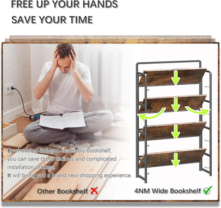No Assembly Extra Wide 4 Tier Folding Bookshelf Storage Shelves Vintage Bookcase Standing Racks for Bedroom Living Room Home Office