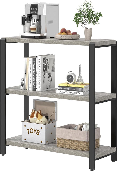 3 Tier Bookshelf, Industrial Wood and Metal Book Shelf and Bookcase, Short Book Case for Office Living Room Bedroom, Light Grey