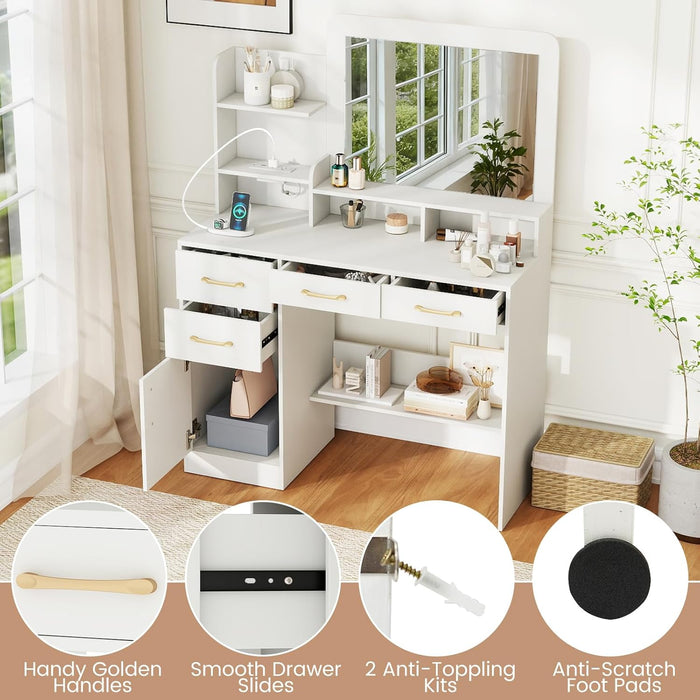 White Makeup Vanity Desk with Mirror & Charging Station, Modern Vanity Table with 4 Drawers, 3 Shelves, 1 Cabinet & Spacious Desktop, 40 Inch Dressing Table with Storage for Bedroom
