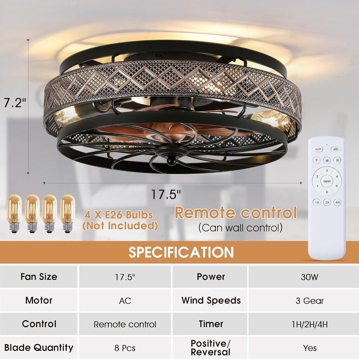 18" Low Profile Caged Ceiling Fans with Lights and Remote, Flush Mount Ceiling Fan with Light, Bedroom Fan, Small Industrial Black Ceiling Light Fixture, Reversible(Bulbs Not Included)