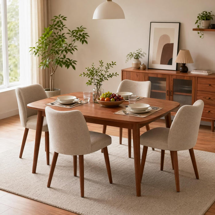 Wooden Dining Chairs Set of 4, Upholstered Mid Century Dining Chairs with Thick Seat Cushion and Curved Back for Dining/Kitchen/Living Room, Camel