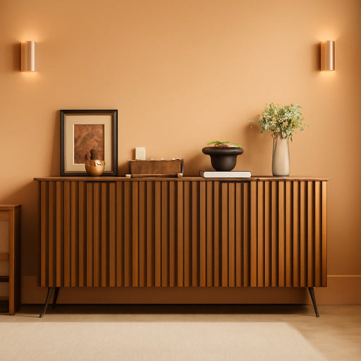 Walnut Buffet Cabinet with Storage, Large Sideboard Cabinet with 4 Fluted Doors and Metal Legs, Storage Cabinet with Adjustable Shelf, Accent Table for Living Room, Dining Room, Kitchen