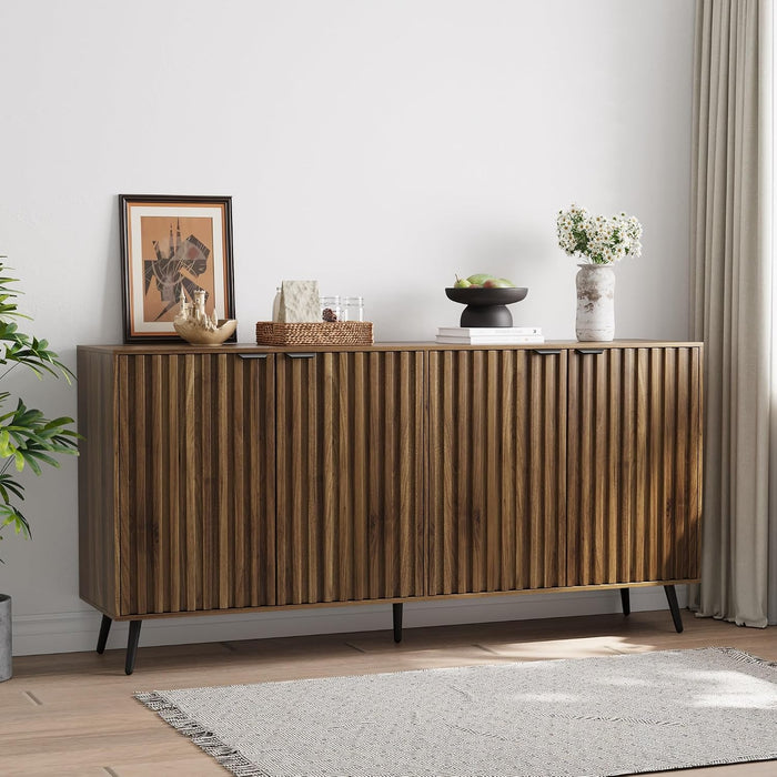 Walnut Buffet Cabinet with Storage, Large Sideboard Cabinet with 4 Fluted Doors and Metal Legs, Storage Cabinet with Adjustable Shelf, Accent Table for Living Room, Dining Room, Kitchen
