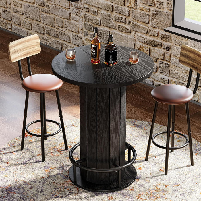 round Bar Table, 39.4" H Wood Bistro Pub Table with Metal Ring Footrest for Dining Coffee Cocktail Living Room, Small Space, Black(Only Table)