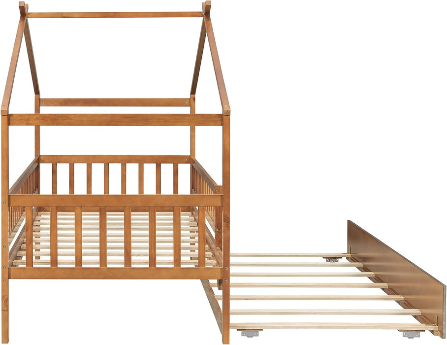 Walnut Solid Wood House Bed Trundle UnitBundleWithDrawers