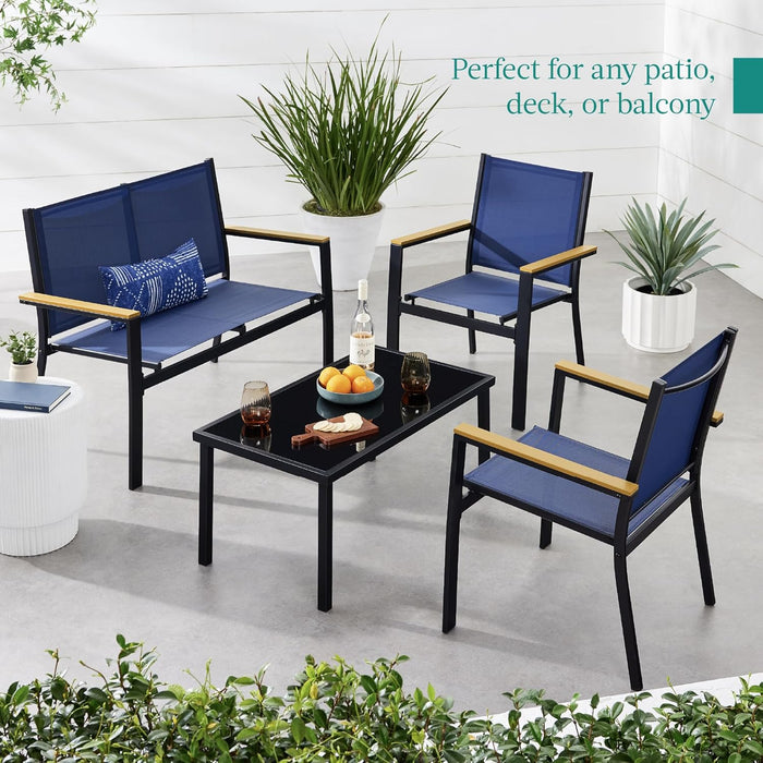 4-Piece Outdoor Textilene Patio Conversation Set, Backyard Furniture W/Loveseat, Coffee Table, Steel Frame - Black/Navy