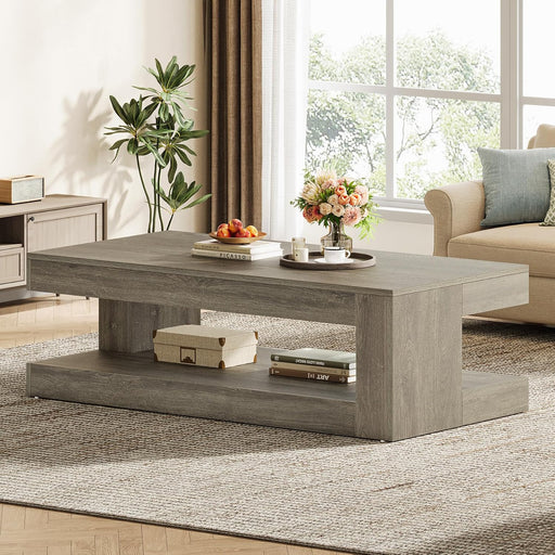 Coffee Table for Living Room, 47.24 Inch Farmhouse 2-Tier Accent Center Tea Cocktail Table with Storage, Elegant Grey, Rectangular
