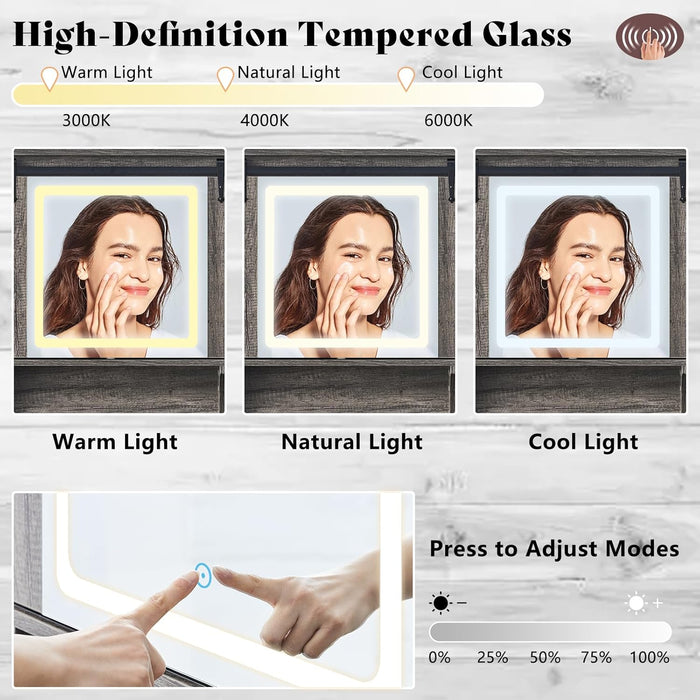 47.2" Farmhouse Vanity Desk with Mirror and Lights, Rustic Makeup Vanity Table with Charging Station, Vanity Set with Stool & Storage, LED Sliding Mirror & Glass Top, Dark Oak Finish