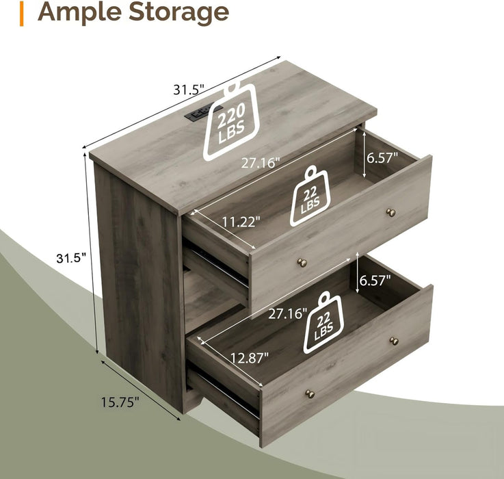 3 Drawer Dresser with Charging Station, Small Dresser Grey Chest of Drawers, 31.5" W Gray Wood Dressers for Bedroom, Living Room, Hallway, Home Office, 15.75" D X 31.5" W X 31.5" H
