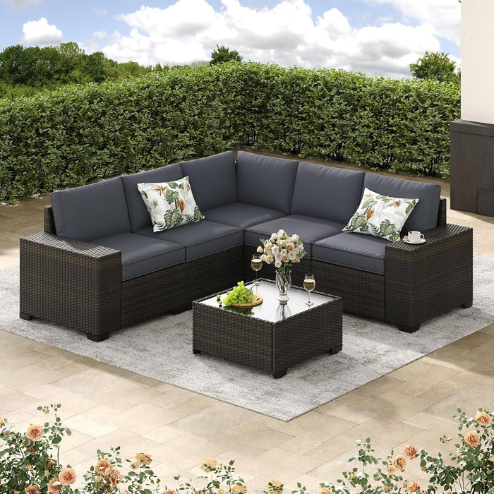 6-Piece Patio Furniture Set, All-Weather Outdoor Wicker Sectional Sofa with Cushions, Glass Table & Left and Right Armrest, Rattan Conversation Seating for Porch, Garden, Backyard,Grey