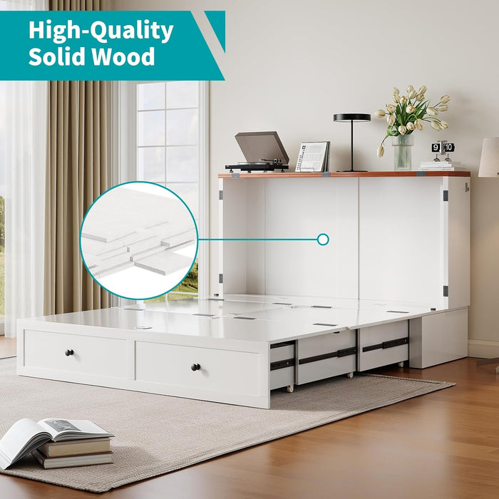 Queen Murphy Bed with Tri-Folding Mattress, 63" W Cabinet Bed with USB Charging Station & Storage Drawer, Queen Size Murphy Cabinet Beds for Living Room, Apartment, Home Office, Bedroom, White