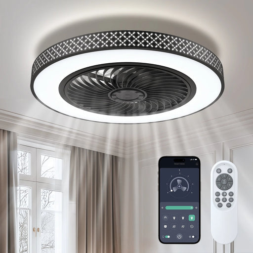 18 in round Ceiling Fans with Lights, Dimmable Color Temperature and 6 Speeds, Remote & APP Control, Flush Mount Bladeless Reversible Motor, Black