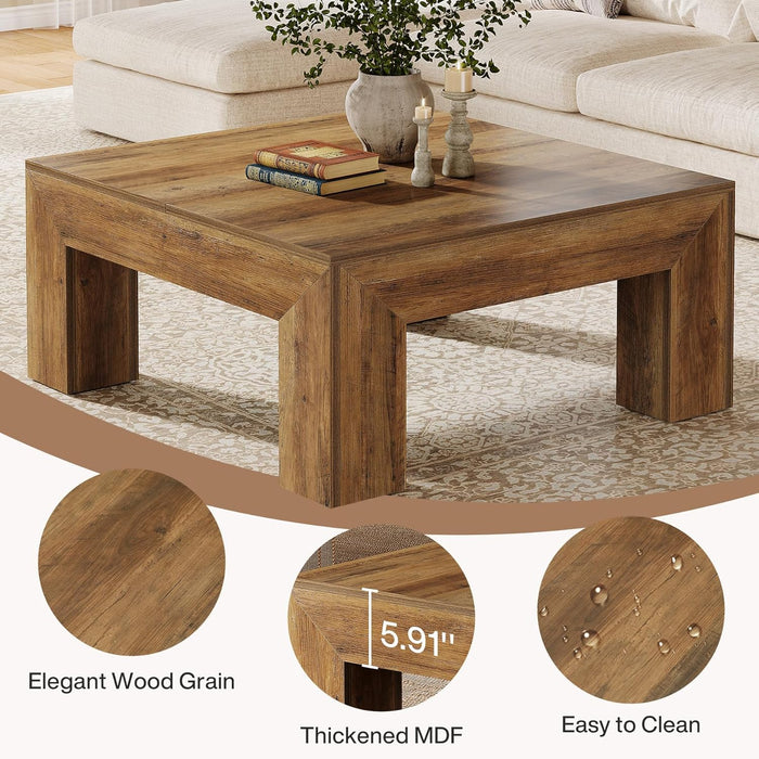 39.4-Inch Square Coffee Table for Living Room, Farmhouse All MDF Accent Center Cocktail Table with Sturdy Wooden Legs, Easy Assembly, Rustic Brown