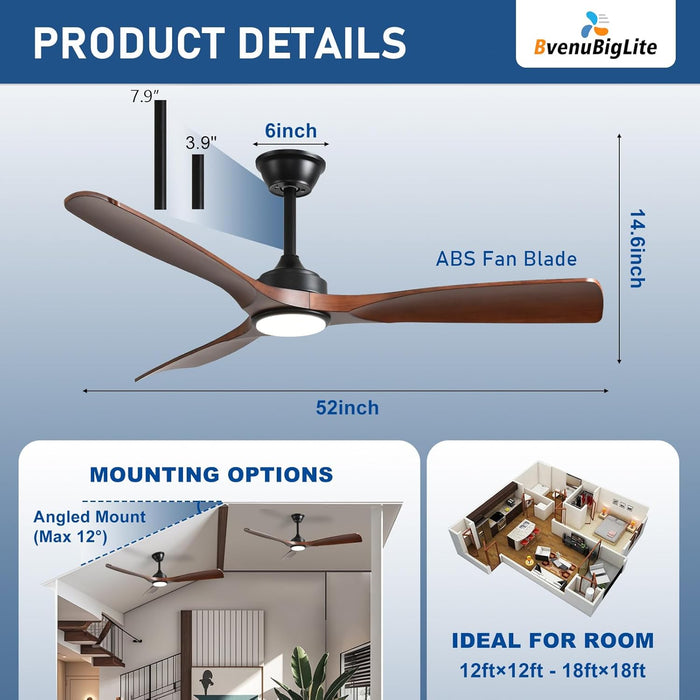 Outdoor Ceiling Fan with Light: 52 Inch 3 Blade Outdoor Fans for Patios - Modern Walnut Ceiling Fan with Dimmable Light Remote APP Control Ultra Quiet Reversible DC Motor Timer