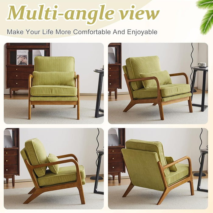 Upgraded Premium Corduroy Accent Chair,Upholstered Arm Chair,Solid Wood Comfy Reading Chair with Lumbar Pillow, Mid Century Modern Chairs for Living Room,Bedroom,Guest Room,Green