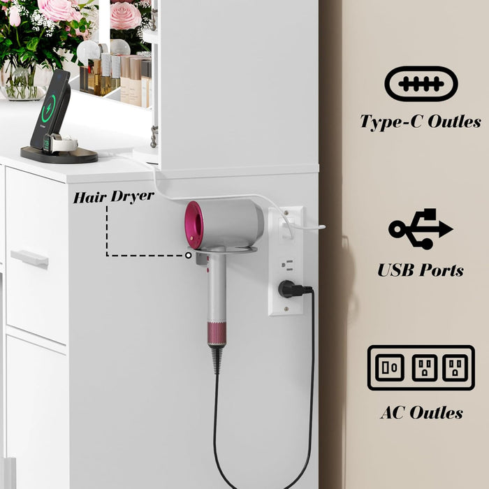 Vanity Desk with Rotating Jewelry Organizers, Makeup Vanity for Girls and Teens, Dressing Table with USB-C Charging Station, Makeup Table with Mirror and Lights, Dressing Room, White