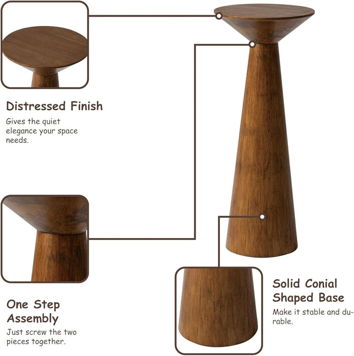 22.8” Tall round Martini End Table, Walnut – Solid Pine Wood Pedestal Accent Drink Stand with Tapered Base – Farmhouse Modern Furniture for Living Room, Bedroom & Small Spaces